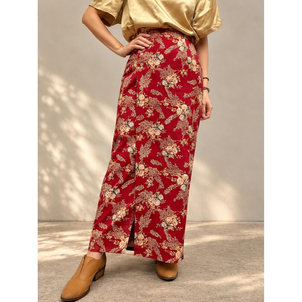 Vintage Floral Linen Cotton Maxi Skirt Burgundy Wrap Skirt Boho Fall Fashion